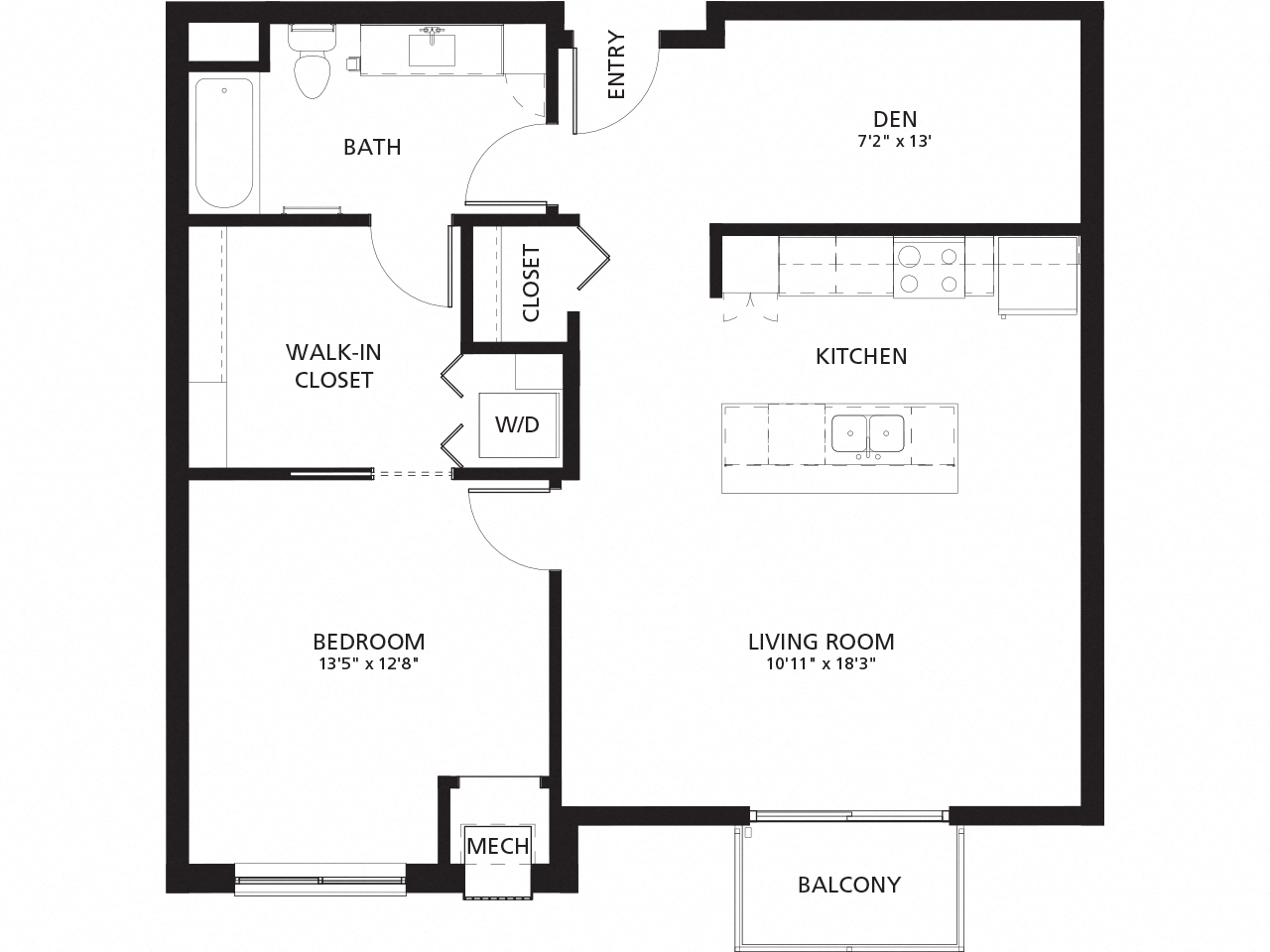 Floor plan for 1 bed, 1 bath, 918 sqft
